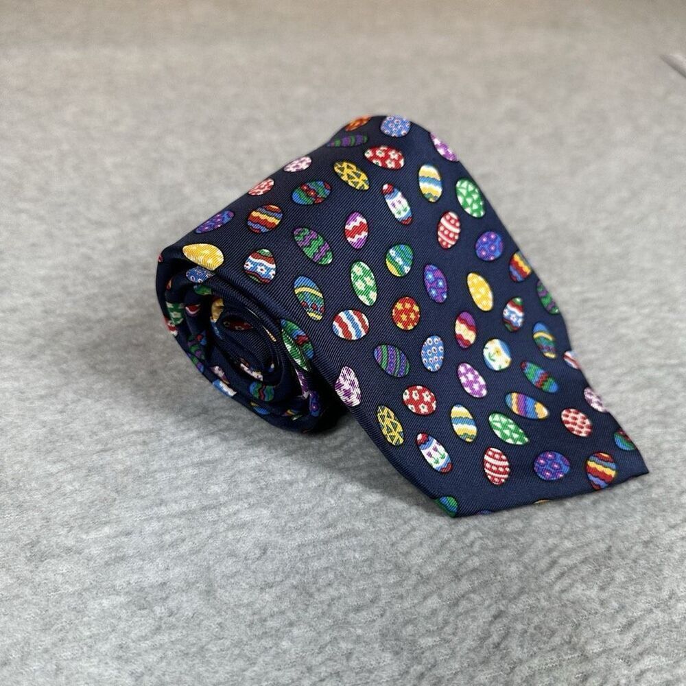 ALYNN Neckwear Handmade 100% Silk Multicolor Easter Eggs Navy Tie 58"